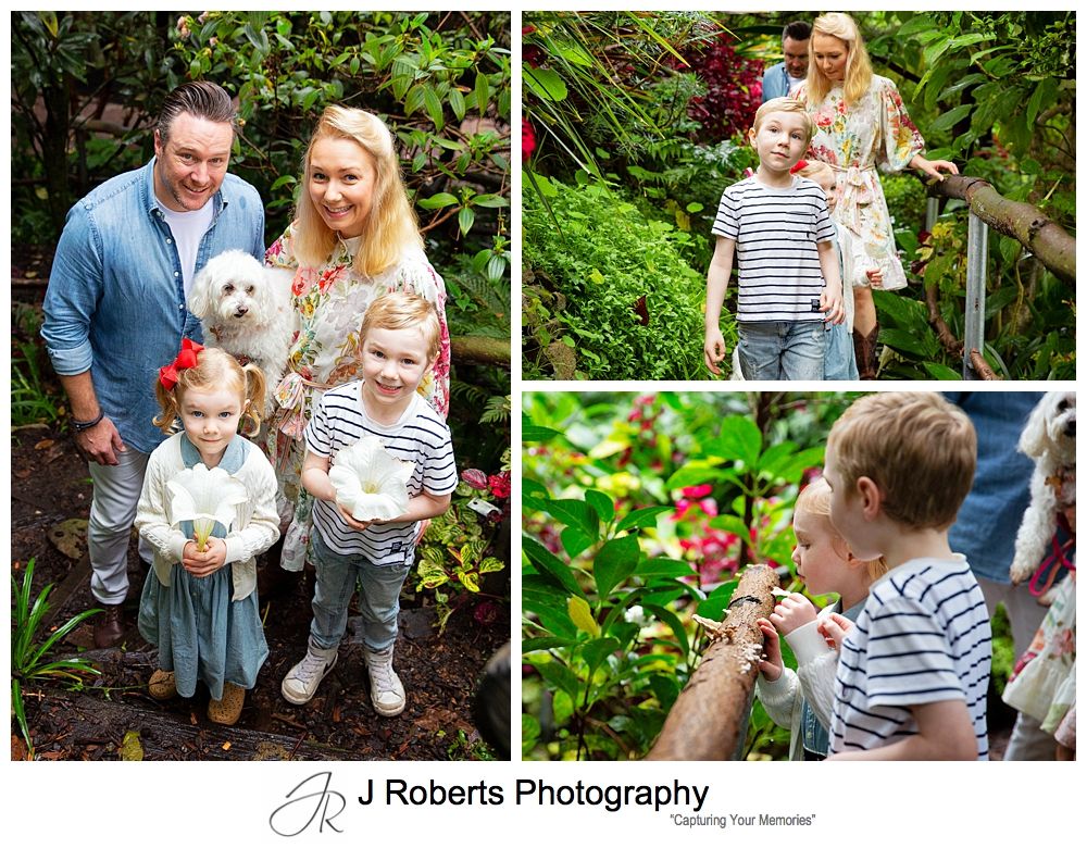 Family portrait fun in the rain in Sydney gumboots and umbrellas Wendy Whiteleys Garden Lavender Bay